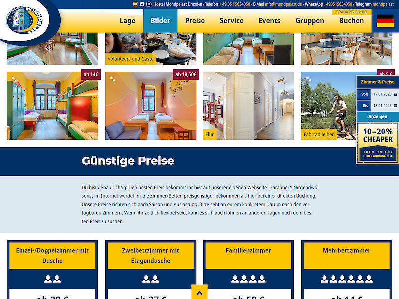 Screenshot Website Hostel Mondpalast